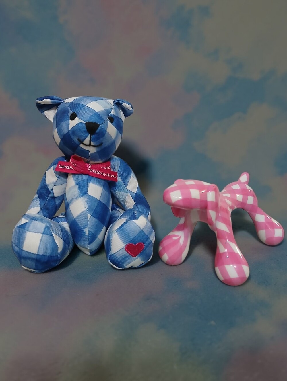 Bath & Body Works Blue & Pink Gingham Plush Bear and Puppy Massager